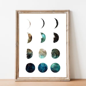 Galaxy moon phase print, moon prints, wall art, art prints, galaxy print, moon phases, home wall decor, modern print, moon poster, gift idea image 1