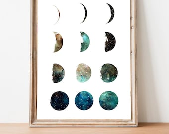 Galaxy moon phase print, moon prints, wall art, art prints, galaxy print, moon phases, home wall decor, modern print, moon poster, gift idea