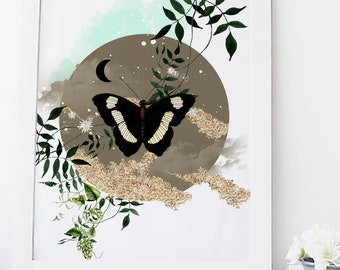 Art prints, wall art, poster, butterfly print, gold foil, botanical art, home wall decor, leaf print, whimsical art, quirky prints, nature