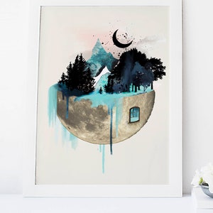 Moon wall art, quirky art prints, watercolor print, nature print, poster, trendy wall decor, apartment wall art, blue decor, forest print image 1