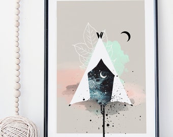 Wall art, art prints, poster, nature print, watercolor, galaxy, magical, moon, landscape print, tipi, home wall decor, art, gift