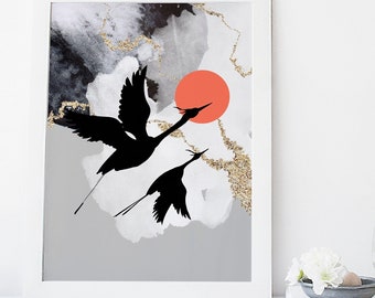 Art print, wall art, japanese art, bird print, poster, minimal decor, painting, gold, prints, apartment art, animal print, modern, gift