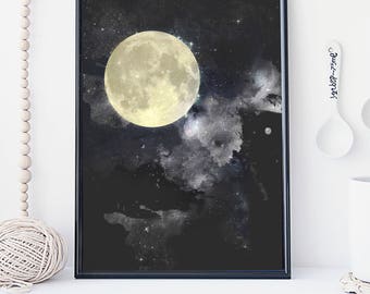 Moon art print, moon poster, galaxy art, home wall decor, apartment wall art, modern print, moon illustration, gift, nebula art, simple