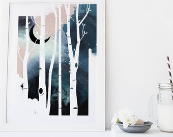 Wall art, nature art prints, forest print, poster, watercolor, galaxy, trees, moon, landscape print, home wall decor, art, gift