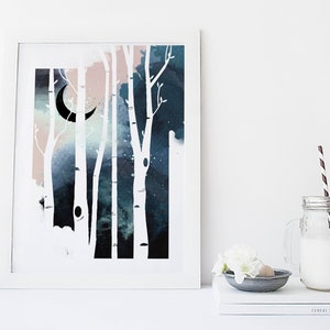 Wall art, nature art prints, forest print, poster, watercolor, galaxy, trees, moon, landscape print, home wall decor, art, gift