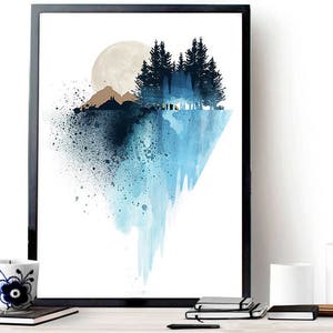 Blaue Berge Wand Kunst, Kunstdrucke, Aquarell, Poster, Natur Druck, Landschaft Druck, Haus Wand Dekor, Wald Kunst, Berg Druck, Wandkunst