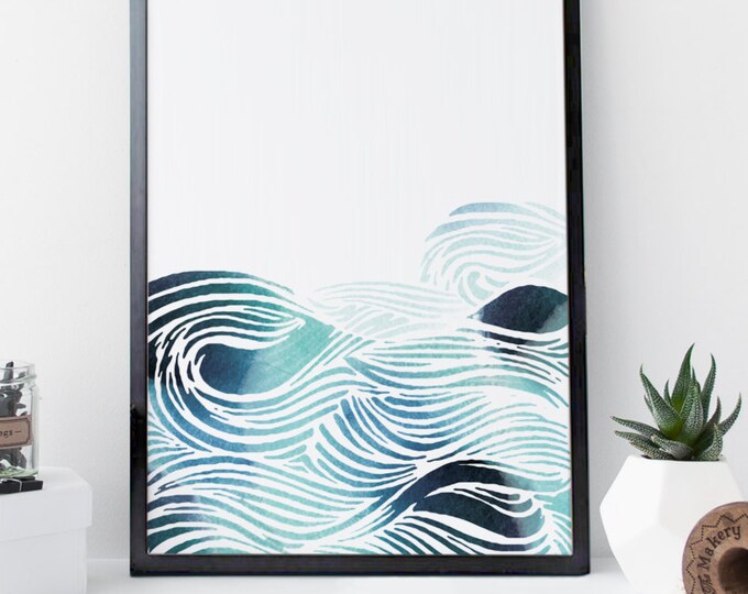 Waves wall art, ocean art print, prints, watercolor print, poster, zen print, nautical decor, home wall decor, blue wall art, wall decor