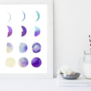 Watercolor moon phase print, wall art, art print, moon poster, moon art, nursery decor, gift, baby's room
