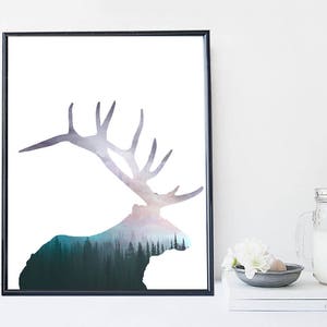 Art prints, wall art, deer print, nature print,  posters, home wall decor, apartment wall art, forest art, prints, modern art, elk art print