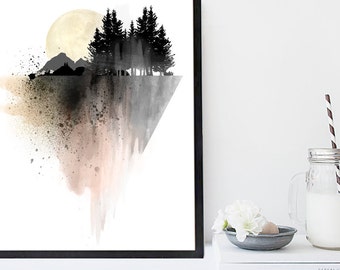 Mountain art print, poster, wall art, forest art, watercolor print, landscape art, black and white, home wall decor, apartment wall art,