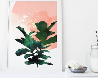 Fig leaf wall art, botanical art prints, greenery art, watercolor poster, nature, leaf art, simple prints, minimal decor, home wall decor