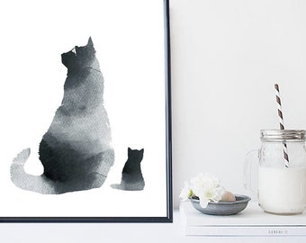 Black cat art print, cat poster, black cat art, minimal simple print, zen, apartement wall art, scandinavian, gift, painting, cat print