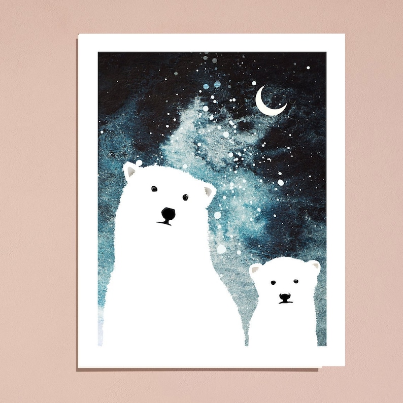 Cute art print, wall art, poster, polar bear print, watercolor prints, wall decor, apartment decor, quirky print, baby room, blue, nursery image 1