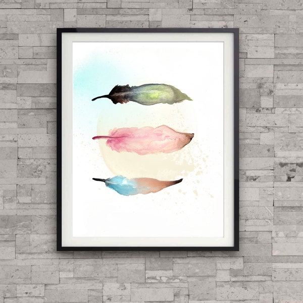 Watercolor feathers wall art, feather poster,  art print, home wall decor, nursery decor, soft colours, girl's room, gift, native
