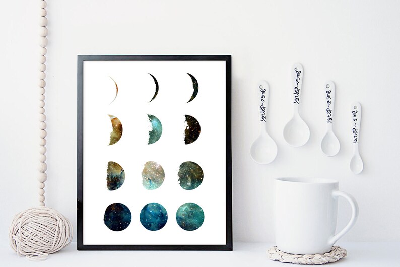 Galaxy moon phase print, moon prints, wall art, art prints, galaxy print, moon phases, home wall decor, modern print, moon poster, gift idea 