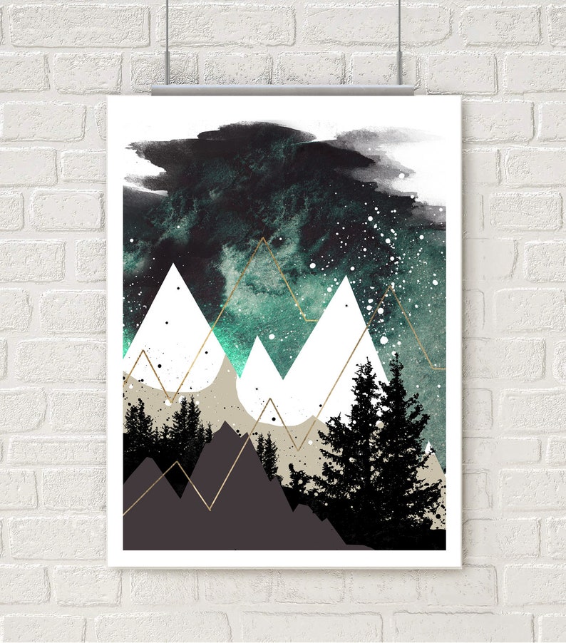 Mountain wall art, art prints, watercolor, posters, blue art, nature prints, modern print, home wall decor, apartment wall art, forest art image 1