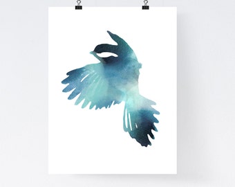 Blue bird art print watercolor, home wall decor, apartment wall art, minimal poster, simple illustration, gift, bird painting, nursery decor