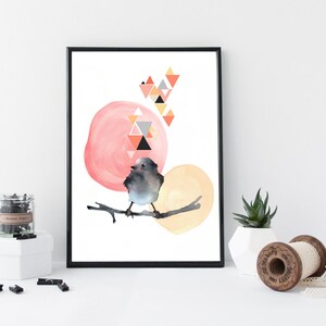 Watercolor bird art print, geometric wall art, modern poster, home wall decor, apartment wall art, gift, bird illustration, animal print