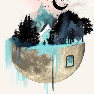 Moon wall art, quirky art prints, watercolor print, nature print, poster, trendy wall decor, apartment wall art, blue decor, forest print image 4