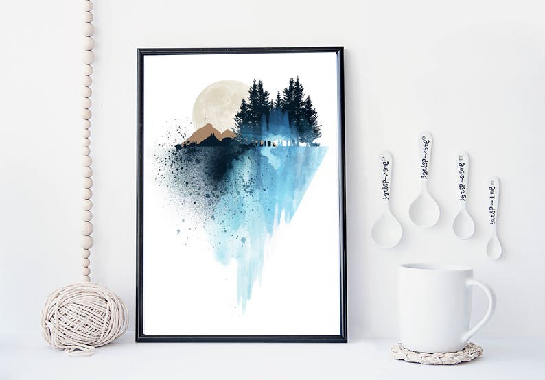 Blue mountain wall art, art prints, watercolor, poster, nature print, landscape print, home wall decor, forest art, mountain print, wall art image 3