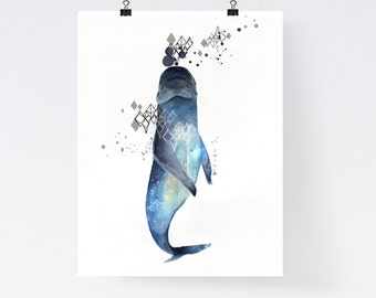 Watercolor whale art print, nautical print, whale, ocean, animal print, modern home decor, apartment wall art, gift