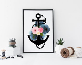 Anchor wall art, watercolor art print, nautical art print, poster, marine illustration, flowers, floral, home wall decor, modern, blue