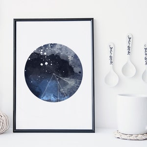 Galaxy art print, watercolor nebula, wall art, modern geometric poster, home decor, moon wall art, gift, blue, minimal, scandinavian image 1