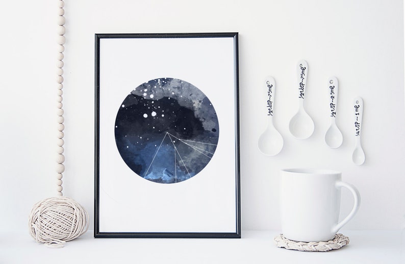 Galaxy art print, watercolor nebula, wall art, modern geometric poster, home decor, moon wall art, gift, blue, minimal, scandinavian image 1