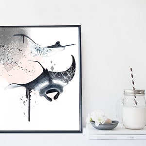 Manta ray art print, nautical illustration, marine art print, modern home wall decor, modern wall art, gift, poster, animal print