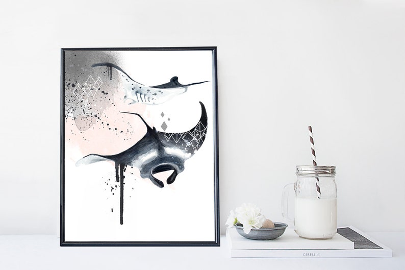 Manta ray art print, nautical illustration, marine art print, modern home wall decor, modern wall art, gift, poster, animal print image 1