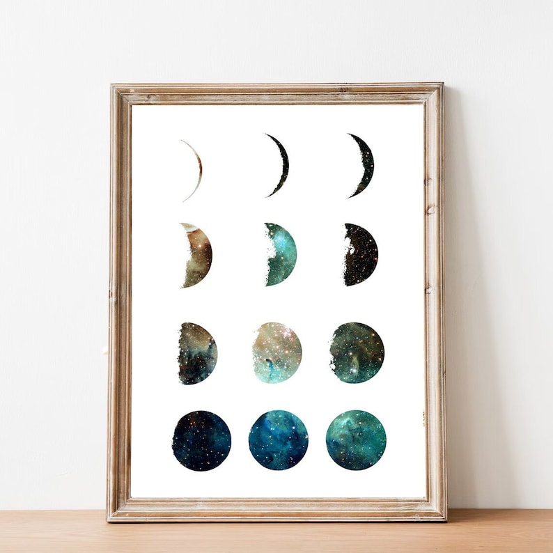 Galaxy moon phase print, moon prints, wall art, art prints, galaxy print, moon phases, home wall decor, modern print, moon poster, gift idea image 1