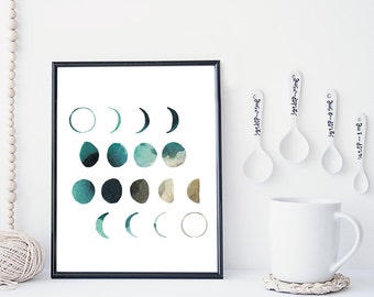 Moon phase wall art, moon art print, watercolor poster, home wall decor, apartment wall art, modern print, moon poster, simple, gift