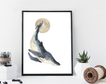 Whale watercolor wall art, art print, nautical poster, home wall decor, whale print, marine, nursery decor, apartment decor, minimal, simple