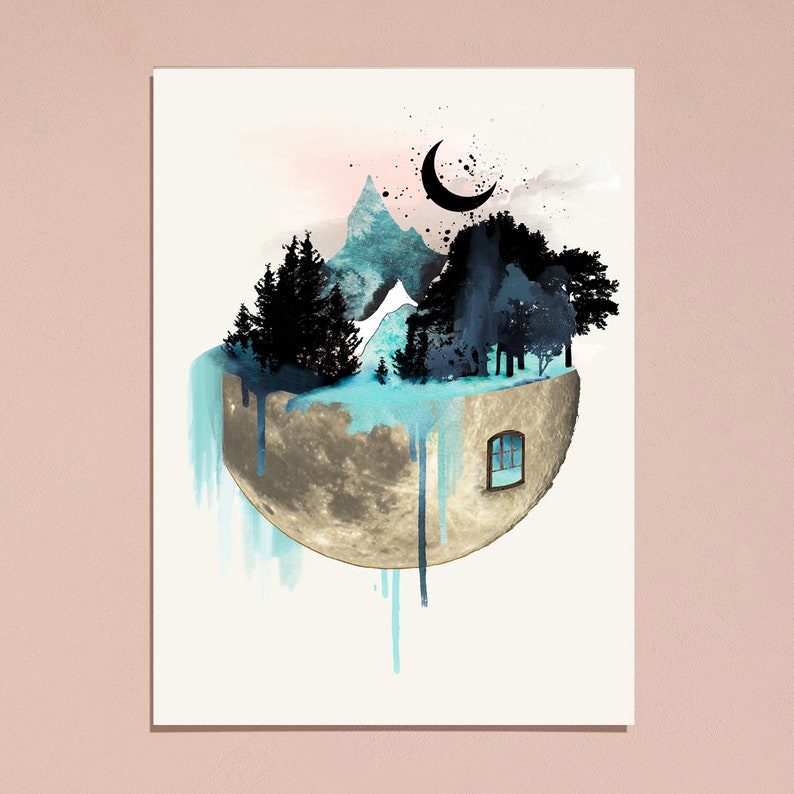 Moon wall art, quirky art prints, watercolor print, nature print, poster, trendy wall decor, apartment wall art, blue decor, forest print image 2