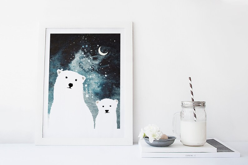 Cute art print, wall art, poster, polar bear print, watercolor prints, wall decor, apartment decor, quirky print, baby room, blue, nursery image 4