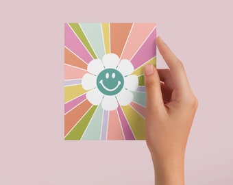 Rainbow Flower Power Smiley Face Greeting Card