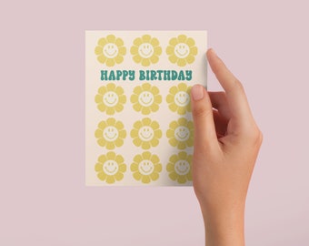 Yellow Smiley Flower Happy Birthday Card