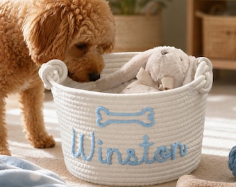 May include: A white coiled rope basket featuring a light blue embroidered dog bone icon and the name Winston in light blue script. The basket has two knotted rope handles and contains a plush toy. A tan plush bone and blue rope ball sit nearby.