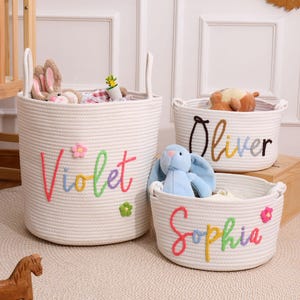 Cesta personalizada hecha a mano, regalo para bebé, regalo para baby shower, cesta de cuerda de algodón, cesta para bebé, cesta de juguetes, monograma con nombre para recién nacido, regalo para bebé