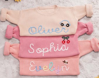 Personalized Hand Embroidered Name Baby Sweater, Custom First Birthday Gifts For Boy Girls Jumper   Pink Newborn Monogram Baby Name Sweater