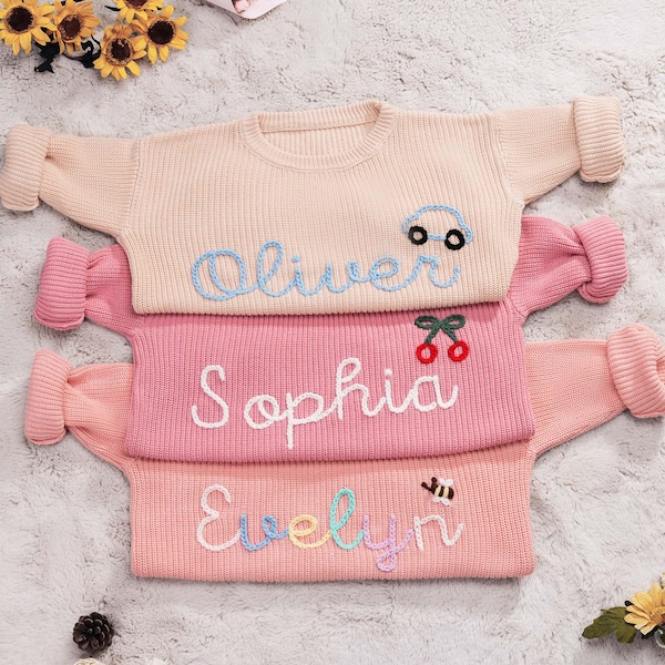 Personalized Hand Embroidered Name Baby Sweater, Custom First Birthday Gifts For Boy Girls Jumper   Pink Newborn Monogram Baby Name Sweater