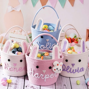 Personalized Easter Basket, Custom Egg Hunt Bucket, Bunny Cotton Rope Baskets Kids Boys Girls image 1