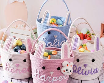 Personalized Easter Basket, Custom Egg Hunt Bucket, Bunny Cotton Rope Baskets Kids Boys Girls