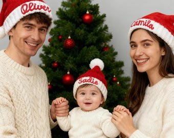 Custom Santa Hats, Baby Santa Hat, Christmas Holiday Personalized Knit Mini Newborn Beanie Gifts