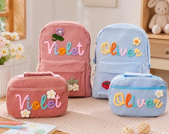 Personalized Corduroy Backpack and Lunch Bag Set, Custom Name Kids School Bags, Birthday Gift