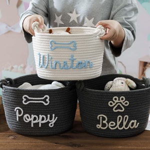 Hundespielzeugkorb, personalisierter Hundenamekorb, Haustiername-Geschenkspielzeug, Name-Baumwollseilkorb, kundenspezifische Haustiergeschenke-Welpen neue Box-Behälter für Haustiere