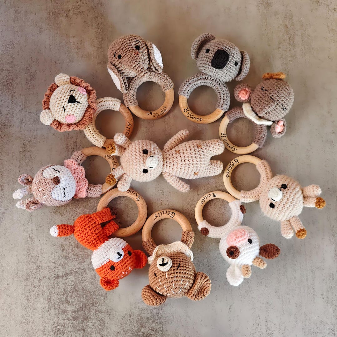 Farm Baby Raddle Personalized Crochet Rattle, Custom Animal Newborn Baby Shower Gift ...