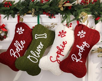 Personalized Christmas Stockings, Dog Bone Stockings, Bone Holiday Stocking for Dog, Pet Paw Christmas Gift, Knitted Dog Stocking, Pet Decor
