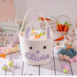 Personalized Easter Basket, Custom Egg Hunt Bucket, Bunny Cotton Rope Baskets Kids Boys Girls image 10