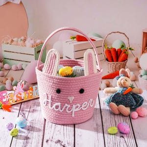 Personalized Easter Basket, Custom Egg Hunt Bucket, Bunny Cotton Rope Baskets Kids Boys Girls image 8
